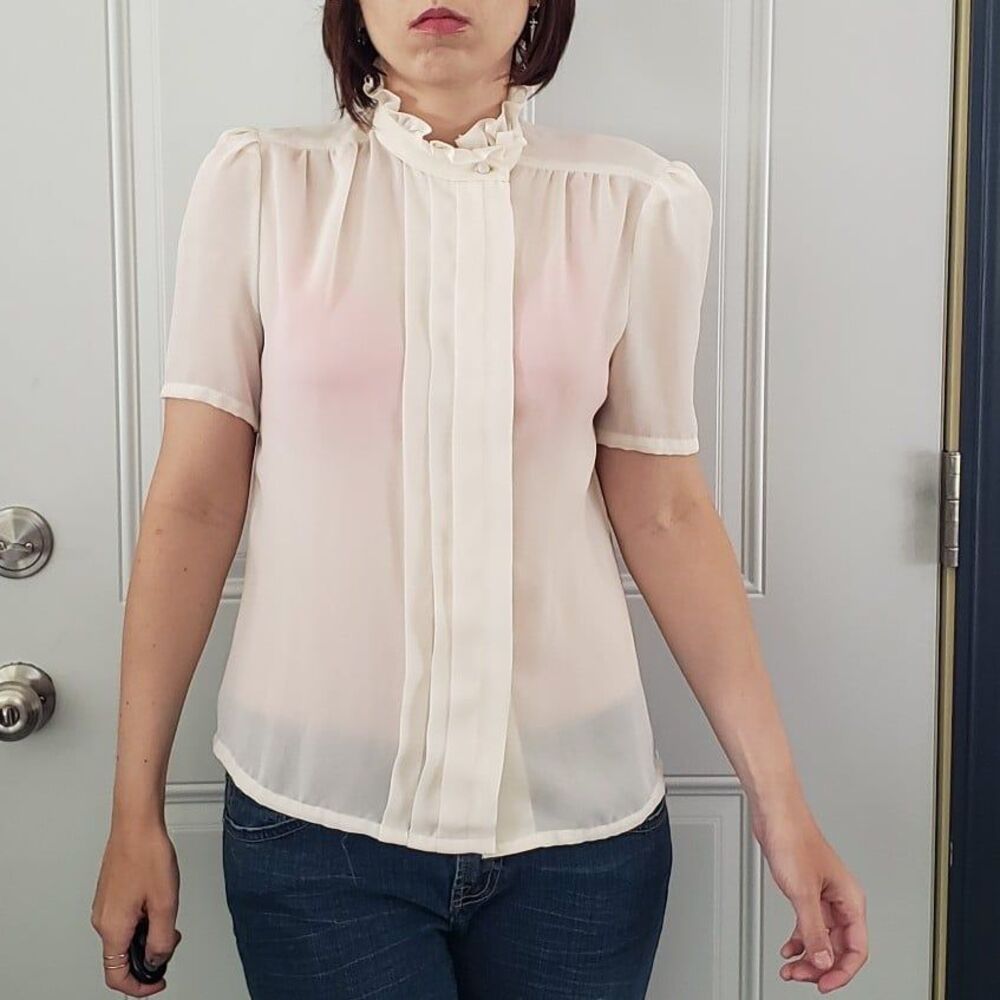 70s Sheer Cream Pleated Blouse